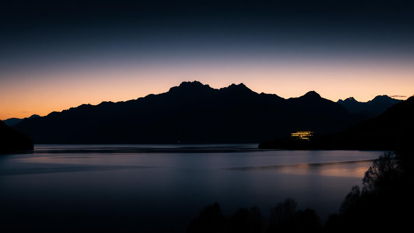 Swiss alpine lake at dusk with a discreet lit building